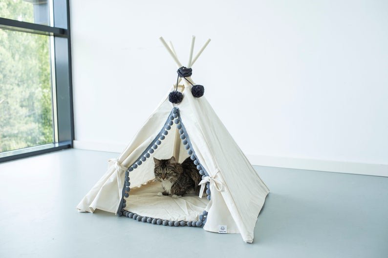Natural Canvas Cotton Pom Pom Pet Teepee in Cream & Grey