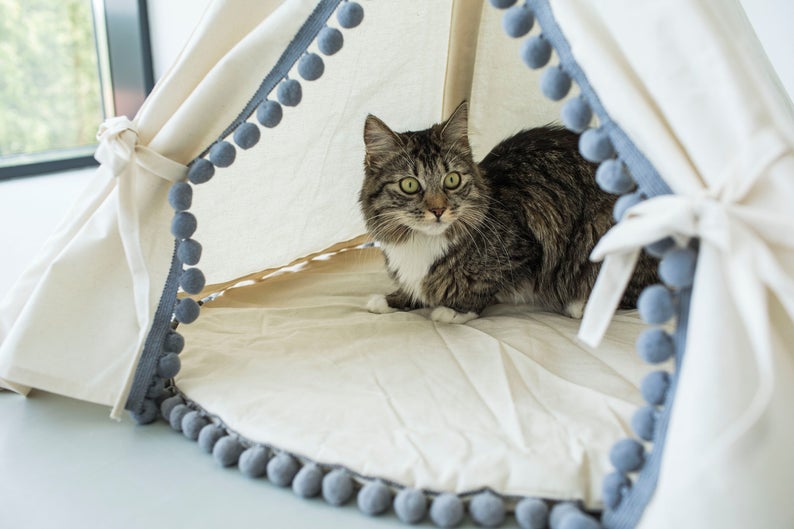 Natural Canvas Cotton Pom Pom Pet Teepee in Cream & Grey