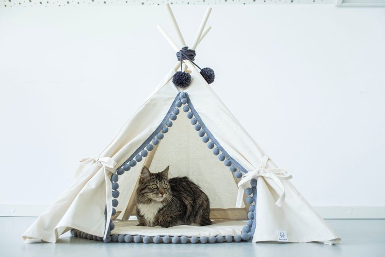 Natural Canvas Cotton Pom Pom Pet Teepee in Cream & Grey