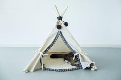 Natural Canvas Cotton Pom Pom Pet Teepee in Cream & Grey