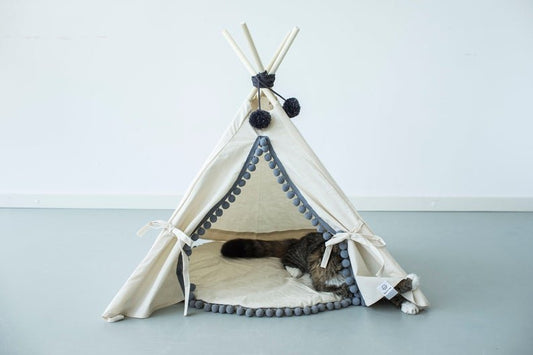 Natural Canvas Cotton Pom Pom Pet Teepee in Cream & Grey
