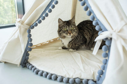 Natural Canvas Cotton Pom Pom Pet Teepee in Cream & Grey